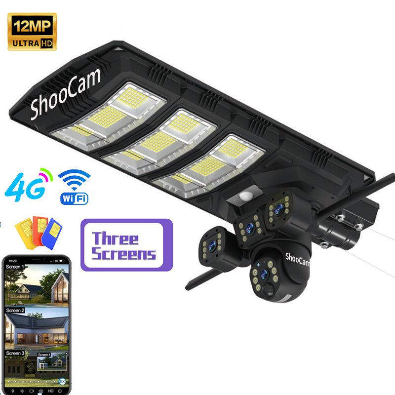 12mp Solar 4g Wifi Camera Security Outdoor Solar Road Light Three Lens Three Screen 4g/Wifi Solar Cctv Camera Sim Card